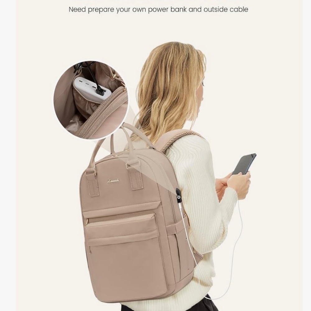 Laptop Backpack for Women 15.6 Inch Laptop Bag with USB Port - Beige - Picture 5 of 11